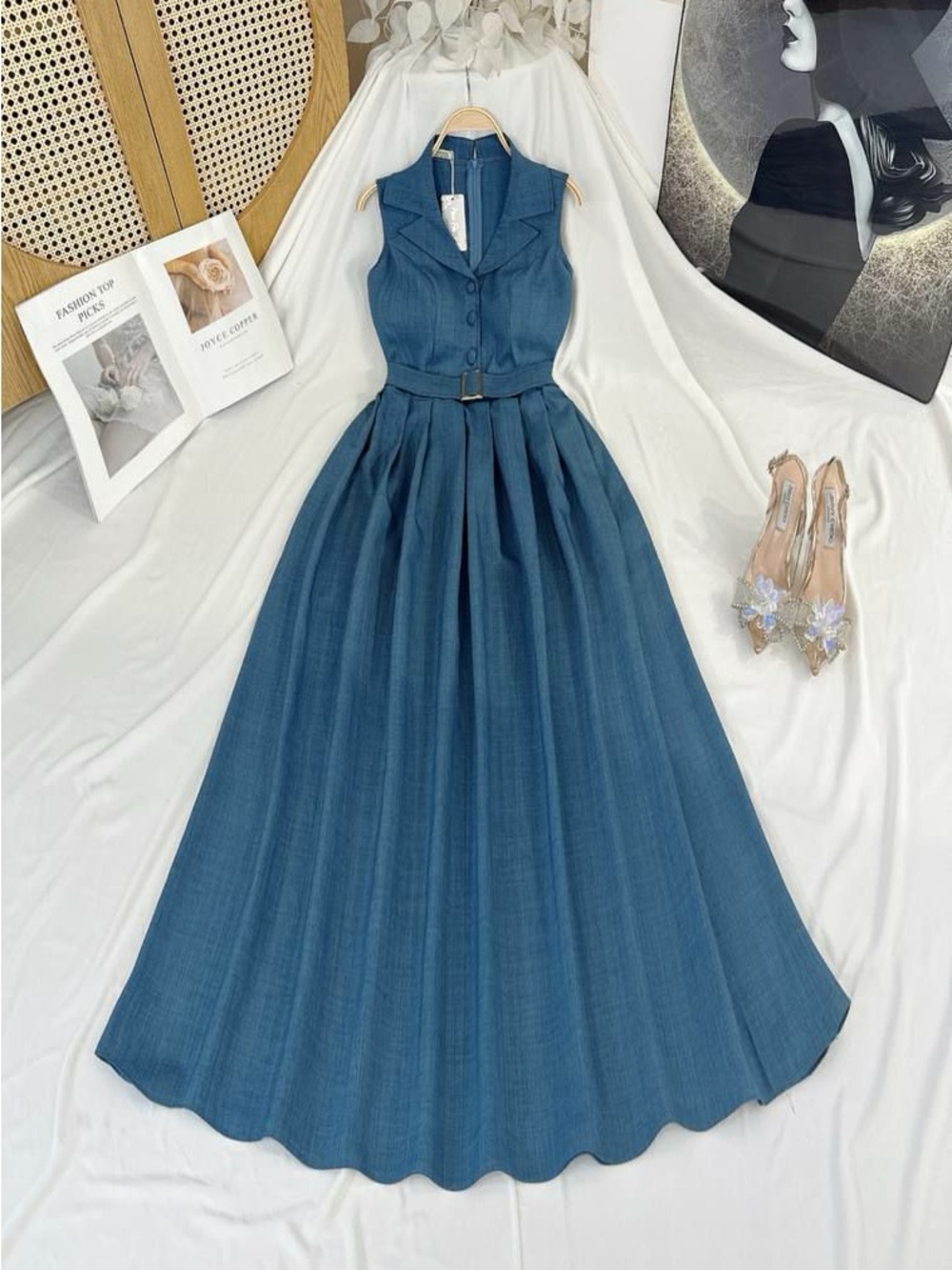 Sleeveless Collared Maxi Dress with Belt in Deep Blue